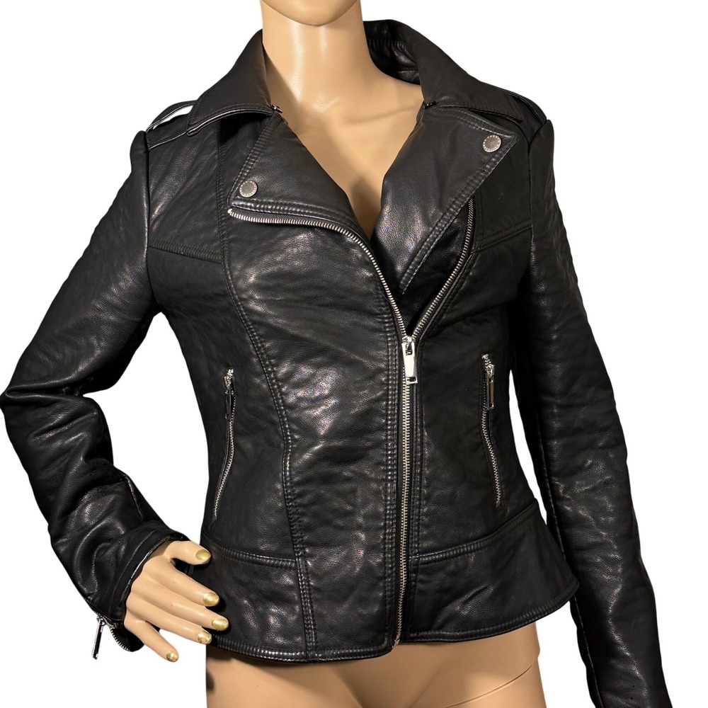French Connection Moto Jacket Women S Black Vegan Leather Biker Asymmetrical Zip